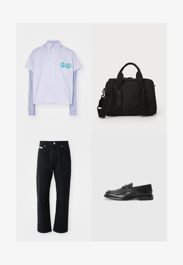 Korte mouwen overhemd met knopen in lichtblauw en witte strepen met een cropped ontwerp. Beschikt over twee turquoise geborduurde vredessymbolen.; Zwarte katoenen broek met een recht model, vijf zakken, zilverkleurige hardware en een subtiel gestructureerd oppervlak.; Zwarte leren instappers met een ronde neus, gestikte details en een kleine gouden accent aan de voorkant. De zool is plat en discreet.; Zwarte textiele tas met dubbele handvatten en een afneembare schouderriem. Voorzien van een reliëflogo en leren label. Gladde textuur, rechthoekige vorm.
