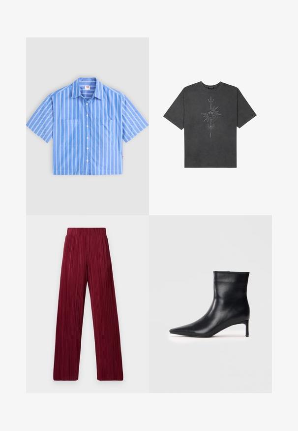 Modra kratka majica s kratkimi rokavi in gumbi z belimi navpičnimi črtami. Ima dva sprednja žepa in koničast ovratnik. Narejena je iz lahkega materiala.; Temno siva oversize majica iz bombaža, z centralno grafiko sonca z zapletenimi črtnimi podrobnostmi natisnjenimi spredaj.; Bordo široke hlače s plisiranjem in elastičnim pasom. Teksturna tkanina z vertikalnimi črtami. Ravno krojene do roba.; Črne usnjene gležnjarje z oglatim nosom, elegantne zasnove in vitkim peto. Gladka tekstura brez vidnih okraskov.