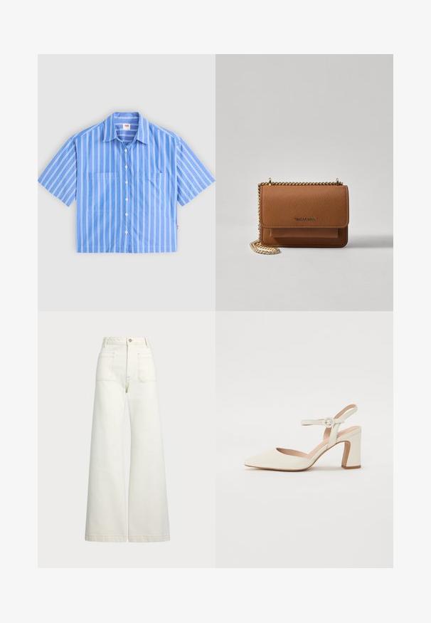 Plava košulja kratkih rukava s bijelim vertikalnim prugama. Ima dvije prednje džepove i oštar ovratnik. Izrađena je od lagane tkanine.; Široke traperice u boji krem-paleža. Visoki struk s kopčanjem na dugme, dva prednja džepa i kontrastni šavovi.; Cipele s uskim vrhom, u krem boji, s blok petom. Imaju tanke remenčiće oko gležnja s okruglom kopčom i glatku kožnu teksturu.; Smeđa kožna torba preko tijela s teksturom, zlatnim lančićem i preklopom na zatvaranju. Na prednjoj strani nalazi se detalj s potpisom i džep ispod preklopa.