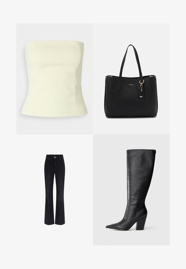 Miselno brez naramnic v svetlo rumeni barvi, narejeno iz teksturirane tkanine. Prilegajoča zasnova z gladkimi šivi in obliko peščene ure. Brez vidnih kovinskih delov.; Črne flared jeans iz denima z visokim pasom, petimi žepi in kovinskimi gumbi na straneh. Gladka tekstura in klasičen kroj.; Črne usnjene škornje do kolen s koničastim nosom in debelim visokim peto, prikazane v levem bočnem profilu na beli podlagi.; Črna torba iz teksturiranega sintetičnega materiala, opremljena z dvema ročajoma, z zlatim logotipom in majhno oznako z detajlom v kontrastni barvi.