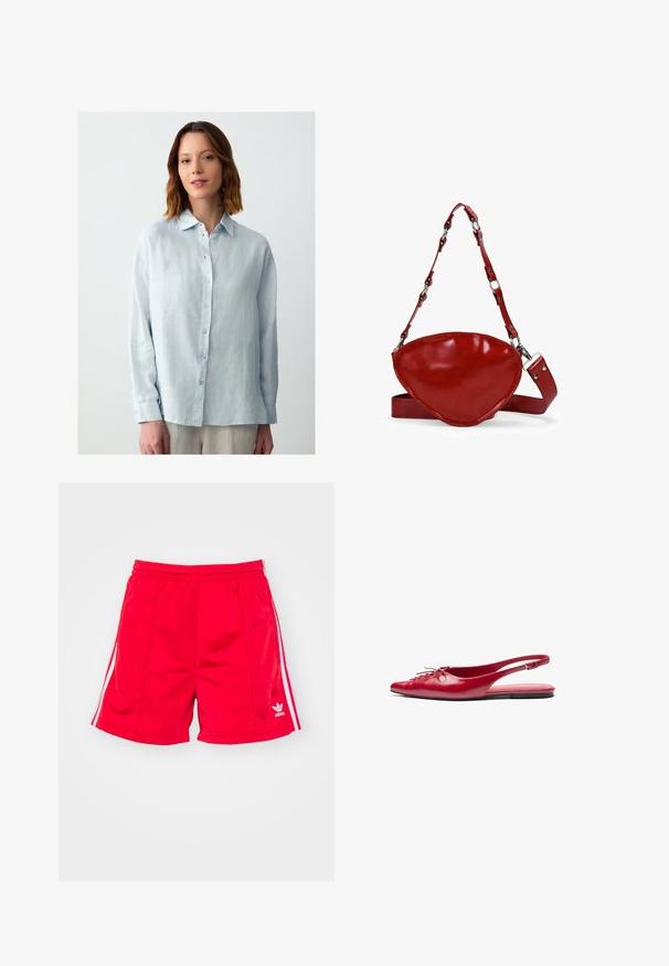 Light blue, long-sleeve button-up shirt made of textured fabric with a collared neck and subtle sheen; features matching buttons.; Red athletic shorts with an elastic waistband, featuring white side stripes and an embroidered logo on the lower left. Smooth texture.; Red leather slingback flat shoe with a pointed toe and a decorative lace-up detail on the front, featuring a slim ankle strap and flat sole.; Red leather bag with a unique curved shape, featuring a chain-accented strap and a smooth, glossy texture. Adjustable strap included.