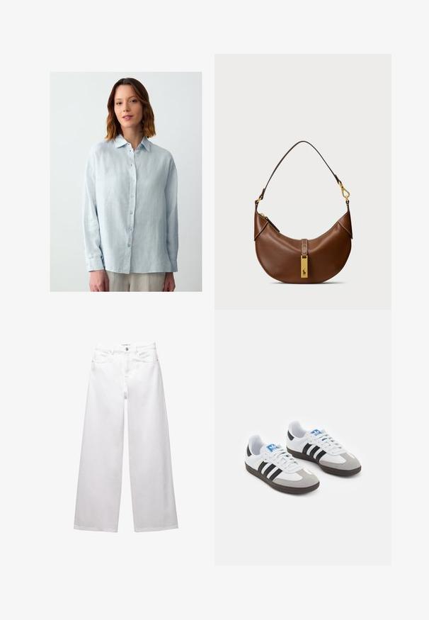 Himmelblaues, langärmliges Hemd mit Knöpfen aus strukturiertem Stoff, mit einem Kragen und dezenter glänzender Oberfläche; hat passende Knöpfe.; Weiße weit geschnittene Jeans aus Denim. Mit Knopfverschluss, Vorder- und Gesäßtaschen sowie gesteppten Nähten. Glatte Textur mit minimalen Details.; Sportschuhe mit einem Obermaterial aus weißem Leder, grauer Wildleder-Zehenkappe und drei schwarzen Streifen. Sie verfügen über ein blaues Logo auf der Zunge und eine strukturierte Gummisohle.; Braune Leder-Schultertasche mit geschwungener Form, goldenen Hardware-Details, Verschluss oben und einem Logo-Akzent. Glatte Textur mit genähten Kanten.