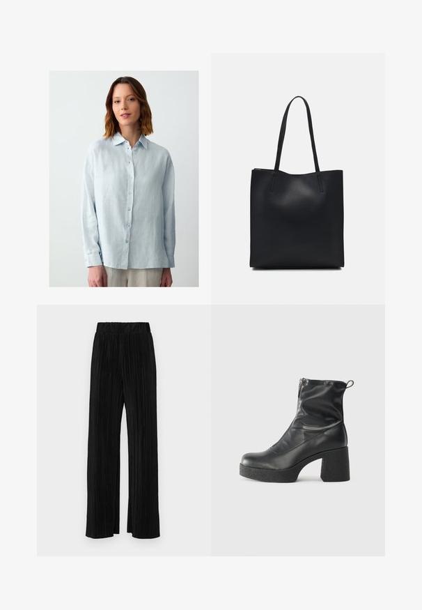 Light blue, long-sleeve button-up shirt made of textured fabric with a collared neck and subtle sheen; features matching buttons.; Black pleated trousers with an elastic waistband. Features wide legs and a smooth, textured fabric with vertical stripes.; Black ankle boots made of smooth leather, featuring a side zipper, chunky textured heel, and rounded toe design.; Black leather tote bag with smooth texture, rectangular shape, and two long handles. No visible hardware or embellishments.