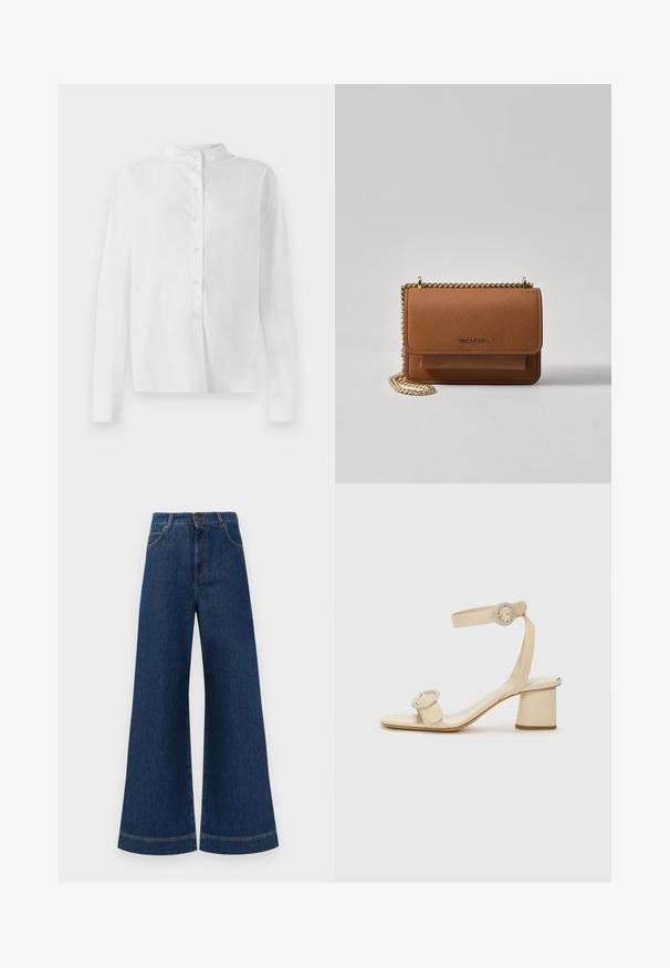White long-sleeve button-up shirt with mandarin collar and concealed button placket, displayed on white background.; Wide-leg blue denim jeans with a high waist, featuring a button closure, belt loops, and subtle stitching details along the pockets and hems.; Beige high-heeled sandals with a minimalist design, featuring two circular accents and a chunky heel. Made from smooth leather.; Brown textured leather crossbody bag with gold chain strap and flap closure. Front features logo detail and a pocket under the flap.