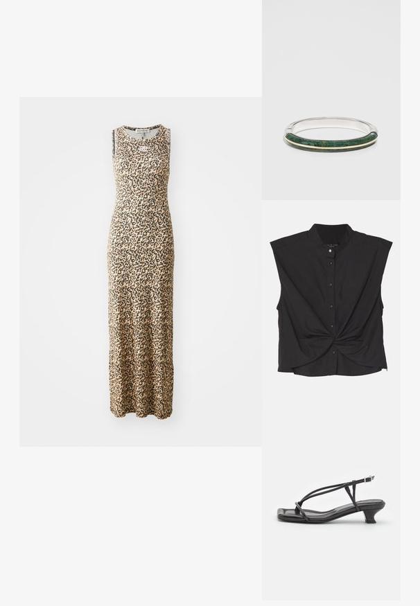 Sort skjorte med opretstående krave, korte ærmer, snoet frontdesign og en glat, letvægtsstof.; Ærmeløs maxikjole i beige med sort leopardprint, der har en rund halsudskæring. Fremstillet af et blødt, strækbart stof for komfort.; Sort lædersandal med tynde stropper, lav blokhæl og firkantet tå. Har en spænde lukning og glat tekstur.; Brun læder håndtaske med et blødt, struktureret design, der har en top lynlåslukning og en justerbar rem med sølvfarvede hardware detaljer.; Metal bangle armbånd med en grøn stenindlægning og en tekstureret overflade, fremhævet af et smalt guldband og glatte sølvkanter.