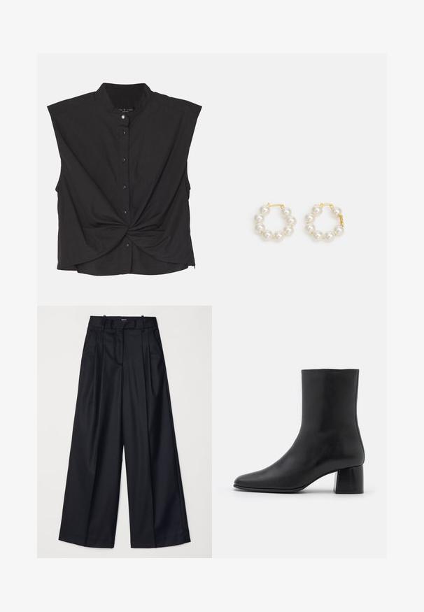 Haut noir à boutons avec col montant, manches courtes, design avant torsadé et tissu lisse et léger.; Pantalons noirs à jambes larges en tissu lisse, dotés d'une taille haute, de plis et d'une coupe ajustée. Quincaillerie noire simple à la taille.; Bottine en cuir noir avec un bout pointu et un talon carré épais. Texture lisse avec un design sans coutures et descoutures minimalistes.; Boucles d'oreilles en forme de cercle ornées de perles, avec un fermoir en métal doré. Le design comprend plusieurs perles blanches lisses disposées en forme circulaire.