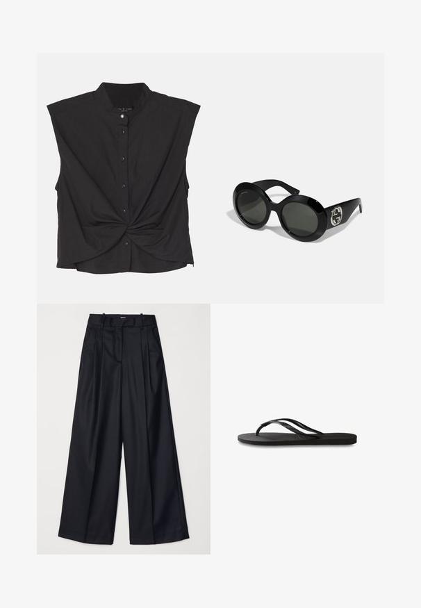 Black button-up top with a stand collar, short sleeves, twisted front design, and a smooth, lightweight fabric.; Black wide-leg trousers made of smooth fabric, featuring a high waist, pleats, and a tailored design. Simple black hardware at the waist.; Black flip-flop featuring a textured rubber sole, two slender straps, and a subtle, embossed logo detail on the strap.; Black oversized sunglasses with a smooth, glossy finish, featuring green lenses and a silver interlocking logo on the side.
