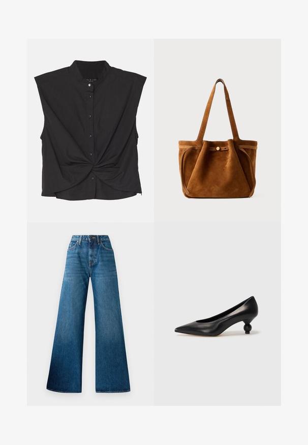 Černá košile na knoflíky s vysokým límcem, krátkými rukávy, zkrouceným předním designem a hladkým, lehkým materiálem.; Modré džíny s širokými nohavicemi, vysokým pasem, světlým odřením, klasickým designem s pěti kapsami a zapínáním na knoflík vpředu.; Černá kožená vysoká bota na podpatku s špičatou špičkou a kulatým, zaobleným podpatkem. Hladká textura s elegantním, minimalistickým designem.; Hnědá semišová taška s dvojitými uchy, páskem na knoflíkovém uzávěru a uvolněným, mírně pokleslým tvarem.
