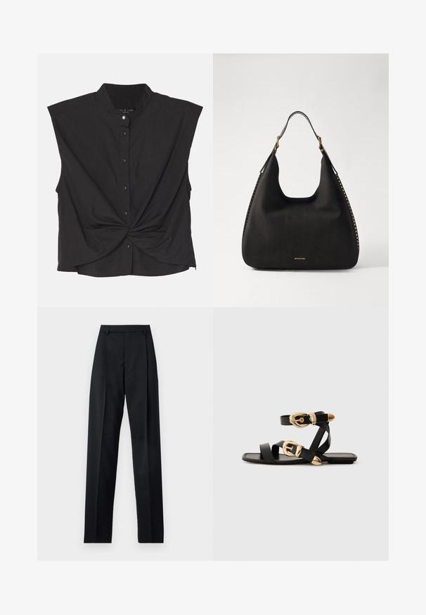 Zwarte blouse met een opstaande kraag, korte mouwen, een gedraaide voorkant en een gladde, lichte stof.; Zwarte broek gemaakt van gladde stof met een hoge taille, wijde benen, voorplooien en klassieke ceintuurlussen. Geen zijzakken zichtbaar.; Zwarte leren sandaal met gouden gespaccenten, voorzien van meerdere banden en een vlakke zool voor open-teenschoen gebruik.; MICHAEL Michael Kors NOLITA HOBO  - Handtas - black