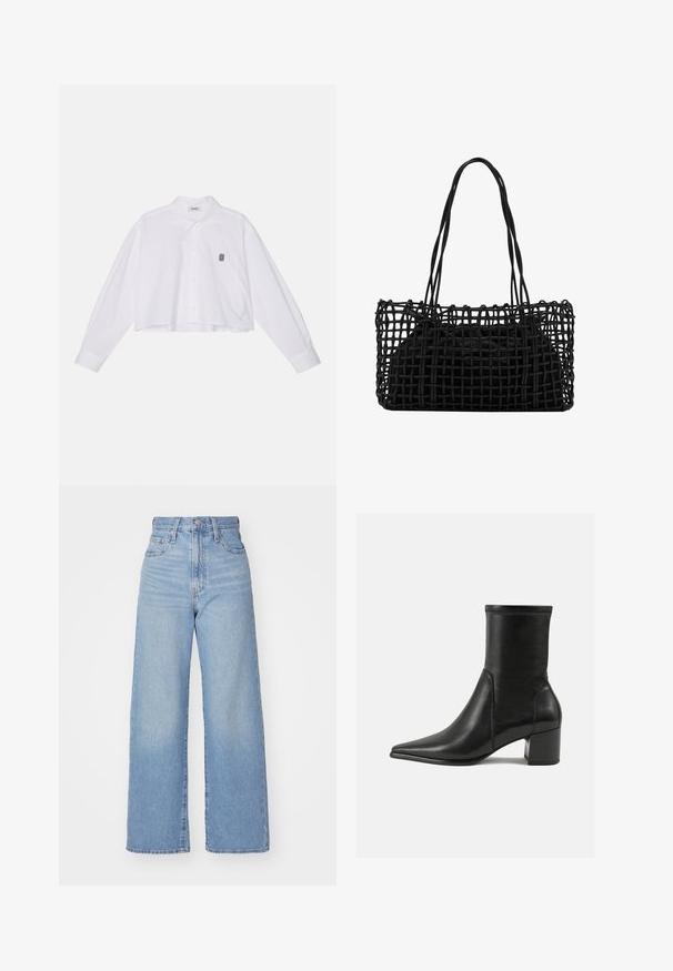 Hvid kortærmet button-up skjorte med lange ærmer, der har en klassisk krave og et lille sort broderet logo på venstre bryst.; Lyseblå højtaljede bukser med bred benåbning, med frontknap og lynlås, samt for- og baglommer, på en hvid baggrund.; Sorte ankelstøvler lavet af glat læder, med spids tå, en blokhæl og markant hævet syning ved den øverste kant.; Sort vævet håndtaske med et åbent netdesign og to lange håndtag. Indeholder en solid sort indersæk til opbevaring.