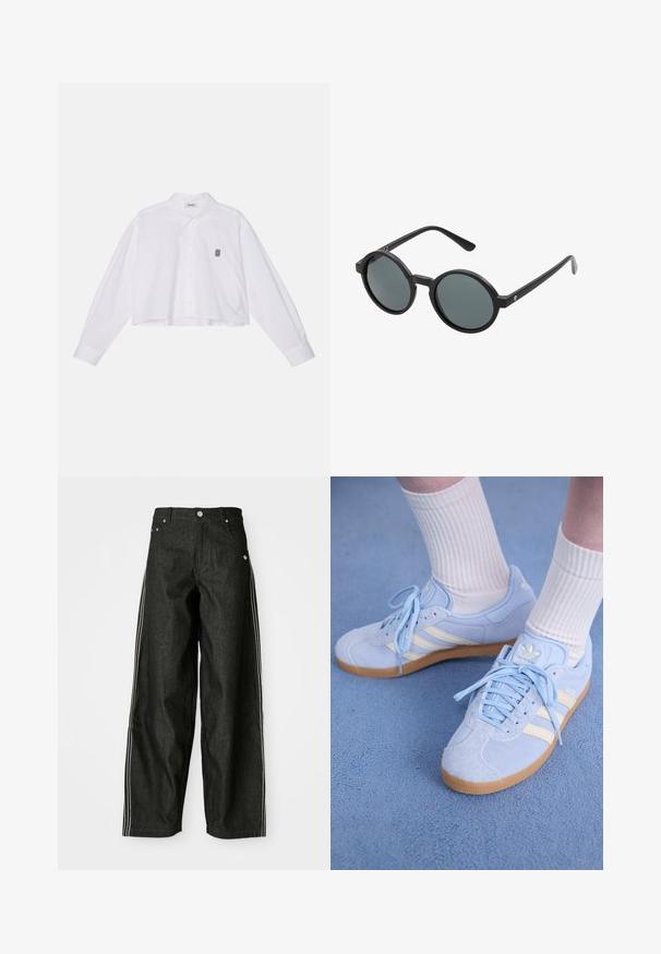 White cropped button-up shirt with long sleeves, featuring a classic collar and a small black embroidered logo on the left chest.; Black denim wide-leg pants with white side stripes, featuring front pockets, a button-up fly, and a subtle logo near the waistband.; Light blue suede sneakers with white stripes, flat laces, and a gum rubber sole. Ribbed white socks are worn above the ankle.; Round sunglasses with a black plastic frame and dark gray lenses. Features thin, straight arms with minimalist accents.