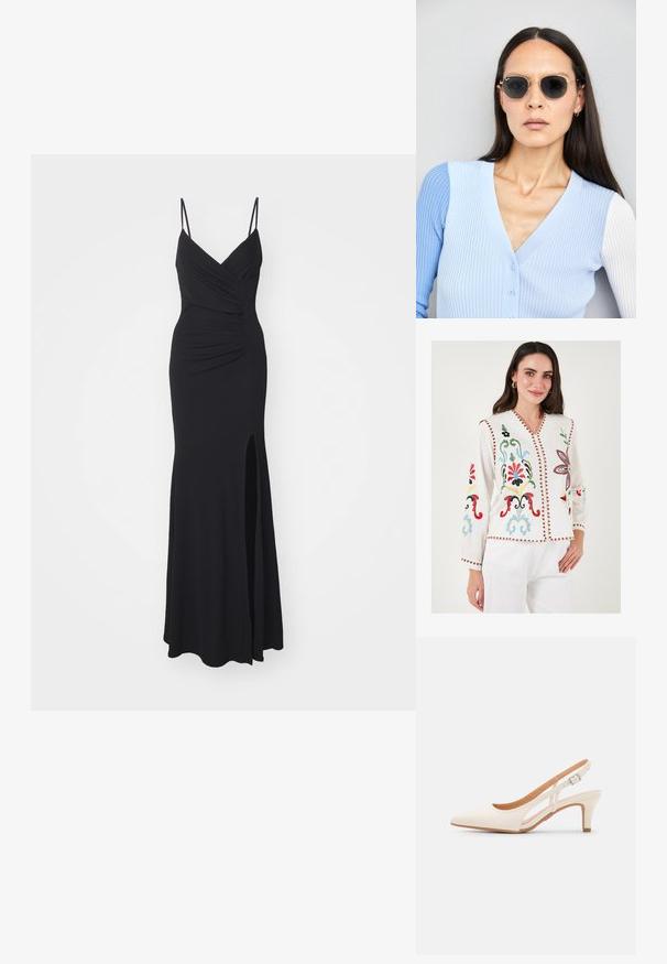 White embroidered blouse with colorful floral patterns, V-neckline, long sleeves, and decorative red trim along the edges.; Black evening dress with slim, adjustable straps, a V-neckline, ruching on the bodice, and a thigh-high slit on one side. Made from stretchy fabric.; White slingback heel with a pointed toe, smooth upper material, low block heel, and side cut-out design with adjustable buckle strap.; Round sunglasses with dark lenses and gold frames. The model wears a light blue, ribbed cardigan with buttons and contrast white sleeves.; Michael Kors wristlet in beige coated canvas featuring a repeating MK logo pattern, gold hardware, and a detachable chain strap.