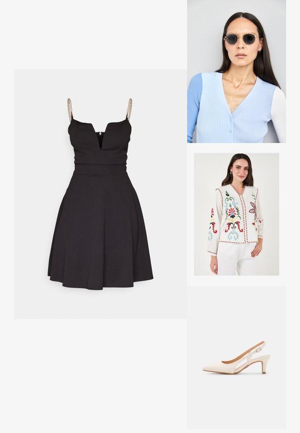 White embroidered blouse with colorful floral patterns, V-neckline, long sleeves, and decorative red trim along the edges.; Black A-line dress with a deep V-neck and spaghetti strap design. Features pearl accents on the straps and a fitted bodice.; White slingback heel with a pointed toe, smooth upper material, low block heel, and side cut-out design with adjustable buckle strap.; Round sunglasses with dark lenses and gold frames. The model wears a light blue, ribbed cardigan with buttons and contrast white sleeves.; Michael Kors wristlet in beige coated canvas featuring a repeating MK logo pattern, gold hardware, and a detachable chain strap.