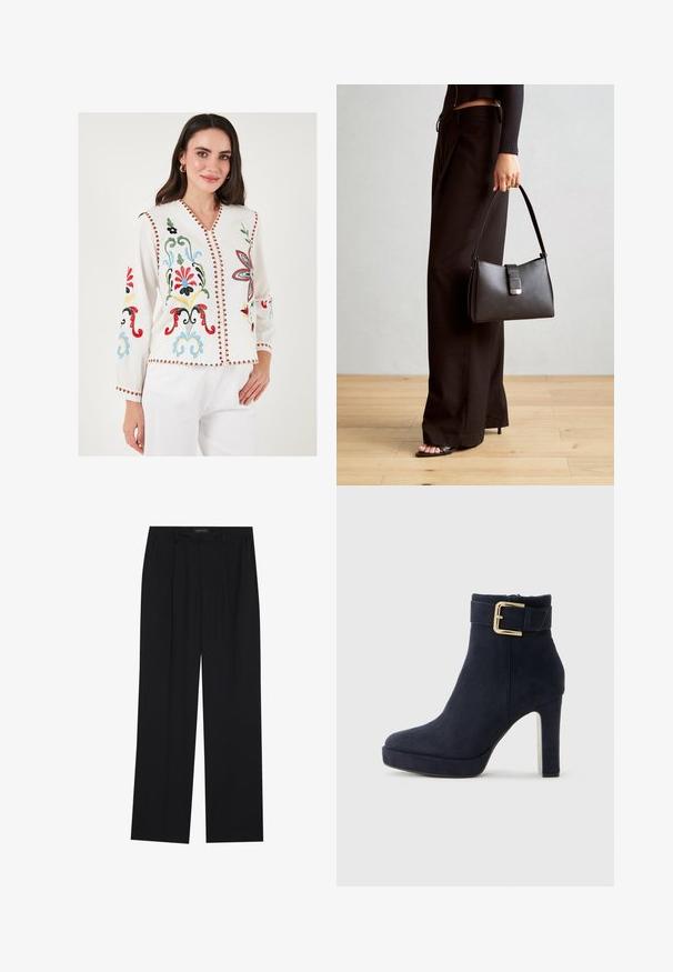 Balta siuvinėtų marškinėlių bluzoną su ryškiomis gėlių raštais, V formos iškirpte, ilgomis rankovėmis ir dekoratyvine raudona apdaila kraštuose.; Juodos kelnes su tiesiomis sijonais, turinčios dvi priekinės kišenės ir juosmenį. Pagamintos iš lygios, lengvos medžiagos.; Juodas zomšinės aukštakulnės auliniai batai su auksine sagtimi ir storu kulnu ant vienodo baltos spalvos fono.; Juodas rankinė struktūrizuota forma, lygi tekstūra ir metalinis užsegimas. Suporuota su plačiomis juodomis kelnėmis ir atvirais bateliais ant medinių grindų.