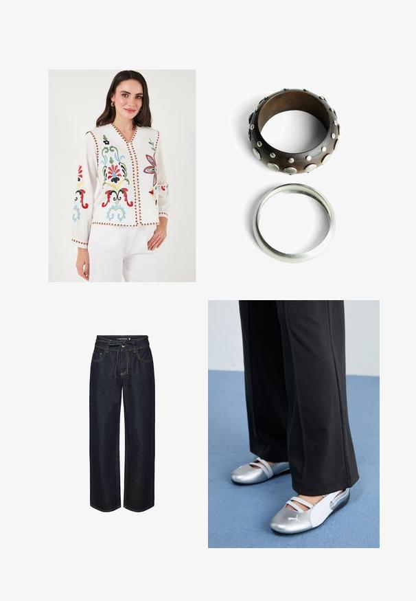 Blusa bianca ricamata con motivi floreali colorati, scollo a V, maniche lunghe e rifiniture decorative rosse lungo i bordi.; Jeans in denim scuro a gamba larga con vita elastica, caratterizzati da cuciture a contrasto, tasche frontali e una vestibilità leggermente loose.; Scarpe piatte argento e bianche con cinturini incrociati e dettagli testurizzati, abbinate a pantaloni neri larghi. Ambientate su un pavimento blu.; Anello in legno con chiodini metallici, colore marrone scuro, superficie texturizzata. Anello in metallo color argento, design semplice e liscio.