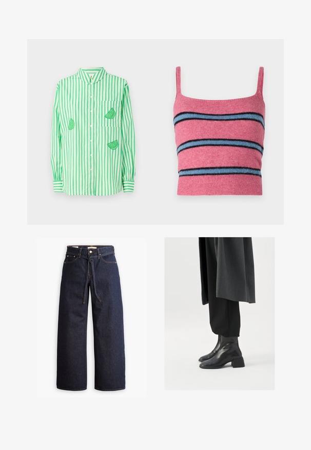 Žalias ir baltas trikotažinis marškinėlių atvartas su ilgomis rankovėmis, išsiuvinėtu laimo griežinėlio motyvu kairiajame krūtinės šone ir dviem papildomais skyriais.; Samsøe Samsøe NOURA - Viršus - rose wine; Plačios kojų tamsiai mėlynos džinsinės kelnės su aukštu liemeniu, turinčios raištį, penkias kišenes ir kontrastingas siūles.; Juodos odinės aulinukės su kvadratine pirštine ir masyviu kulnu, dėvimos su laisvomis juodomis kelnėmis ir tamsiai pilku paltu. Lygus paviršiaus tekstūra.