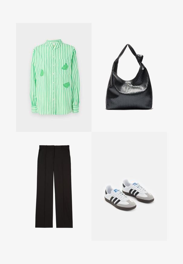 Grønn og hvit stripete langermet skjorte med krage, med limebiter brodert på venstre bryst og to ekstra seksjoner.; Sorte skreddersydde bukser laget av et glatt stoff, med rett ben-design og to sidelommer. Elegant og minimalistisk konstruksjon.; Sportssko med en hvit skinnoverdel, grå semsket tå og tre svarte striper. Har en blå logo på tungen og en teksturert gummisåle.; Svart vevd skinnveske med en slapp design, som har et knyttet stropp og en liten dekorativ gullnagle på toppen.