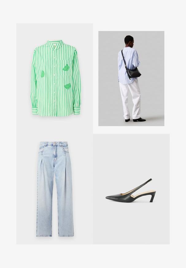 Zeleno-bílý pruhovaný košilový svetr s dlouhými rukávy a límečkem, zdobený výšivkou limetkové plátky na levé straně hrudi a dvěma dalšími sekcemi.; Světlé modré džíny z denimu s vysokým pasem, širokým střihem, dvěma bočními kapsami a nařaseným designem. Měkká textura s vybledlým povrchem.; Černý špičatý slingback s nízkým podpatkem, vyrobený z hladké kůže, s výřezem na boku pro lepší prodyšnost.; Černá kožená kabelka přes rameno s jemnou texturou, trojúhelníkovým tvarem a nastavitelným popruhem, v kombinaci se světle modrou pruhovanou košilí a bílými kalhotami.