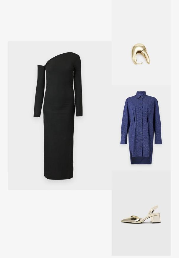 Mornarsko modra dolga obleka s kratkimi rokavi, gumbi spredaj, beli pikčasti vzorec, z ovratnikom, dolgi rokavi, stranski razporki na robu, bombažni material.; Črna, oprijeta, dolgah rokavih obleka z asimetričnim izrezom in nabranimi stranskimi detajli, izdelana iz rebraste tkanine.; Zlati, kovinski slingback čeveljci z ostrim nosom in masivnim peto. Gladka tekstura, minimalistična zasnova in ozka zanka.; Črna usnjena torbica s ukrivljeno obliko, z odstranljivo naramnico in zlatimi dodatki. Torbica ima pokrov s podrobnostmi v obliki zaponke.; Uhane nakit iz zlatastega tona z gladko, ukrivljeno zasnovo. Ima edinstveno koničasto obliko, polirano površino in zaponko s tečajem.