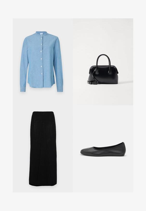Jasnoniebieska koszula zapinana na guziki wykonana z denimu. Posiada okrąły kołnierz, długie rękawy oraz perłowe guziki z przodu.; Czarna dzianinowa spódnica maxi o prostym kroju, z prążkowanym pasem w talii oraz subtelnymi pionowymi szwami po bokach.; Czarne skórzane baletki z zaokrąglonym noskiem, gładką fakturą, minimalnymi przeszyciami i elastycznym designem podeszwy.; Osoi - Torebka