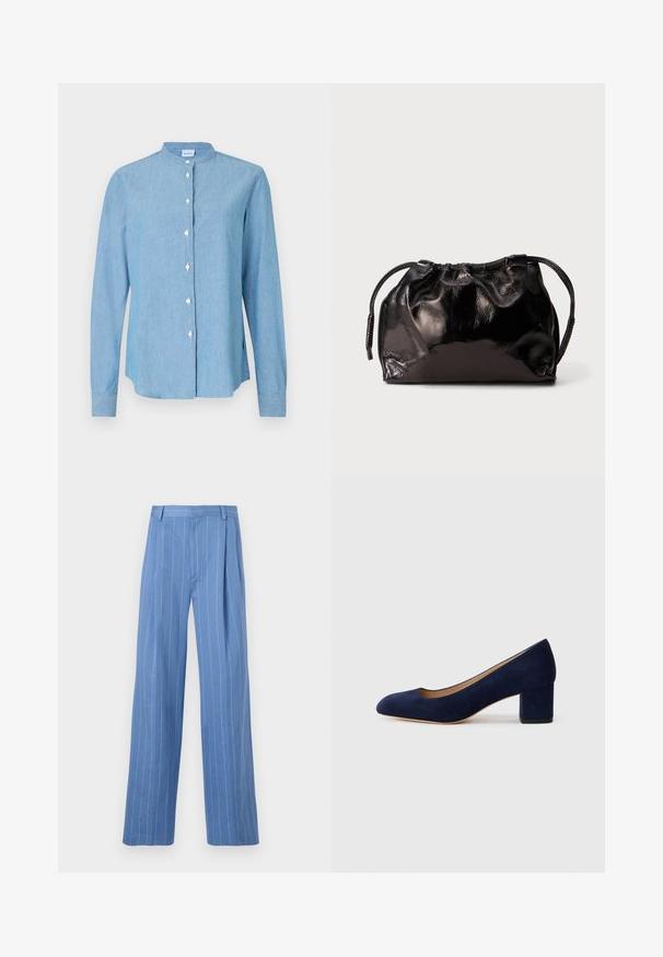 Light blue button-up shirt made of denim fabric. Features a round collar, long sleeves, and pearlescent buttons down the front.; Light blue wide-leg trousers with vertical white stripes. Made of smooth material, featuring a front pleat and a clean waistband design.; Navy blue suede pump with a pointed toe and a mid-height block heel. Smooth texture with a subtle sheen and a small cutout at the front.; Small black glossy leather drawstring pouch with short handles on a light gray background.