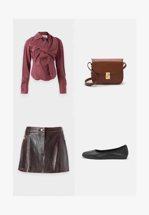 Punane ruuduline särk pika varrukaga, suure kraega ja asümmeetrilise disainiga. Omab nööpide sulgemisi ning tekstuurset kangast voldikutega.; Pruun nahast miniseelik, millel on stiilne disain, kaks lukuga küljetaskut ja kontrastsed õmblused servade äärtes.; Musthave mustika tantsutossud mustast nahast, ümmarguse varbaga, siledast tekstuurist, minimaalse õmblusdetailiga ja paindliku tallakujundusega.; Pruunist nahast käekott, millel on klapiga sulgur, kuldne riistvara, õlarihm ja sile tekstuur. Kompaktne ristkülikukujuline vorm.