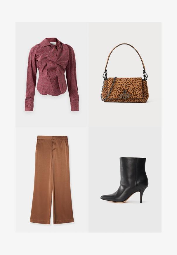 Červená kostkovaná košile s dlouhými rukávy, velkým límcem a asymetrickým designem. Obsahuje knoflíkové zapínání a texturovanou látku s sklady.; Hnědé široké kalhoty vyrobené z saténu, s bočními kapsami, hladkou texturou a tvarovaným pasem pro strukturovaný střih.; Černá kožená kotníková bota s špičatou špičkou, štíhlým jehlovým podpatkem a hladkým povrchem. Minimalistický design bez viditelného hardwaru nebo akcentů.; Kabelka s leopardím potiskem vyrobená z semiše, s krátkým uchom, řetízkovým popruhem a černým kovovým zapínáním. Obdélníkový tvar s klopou.