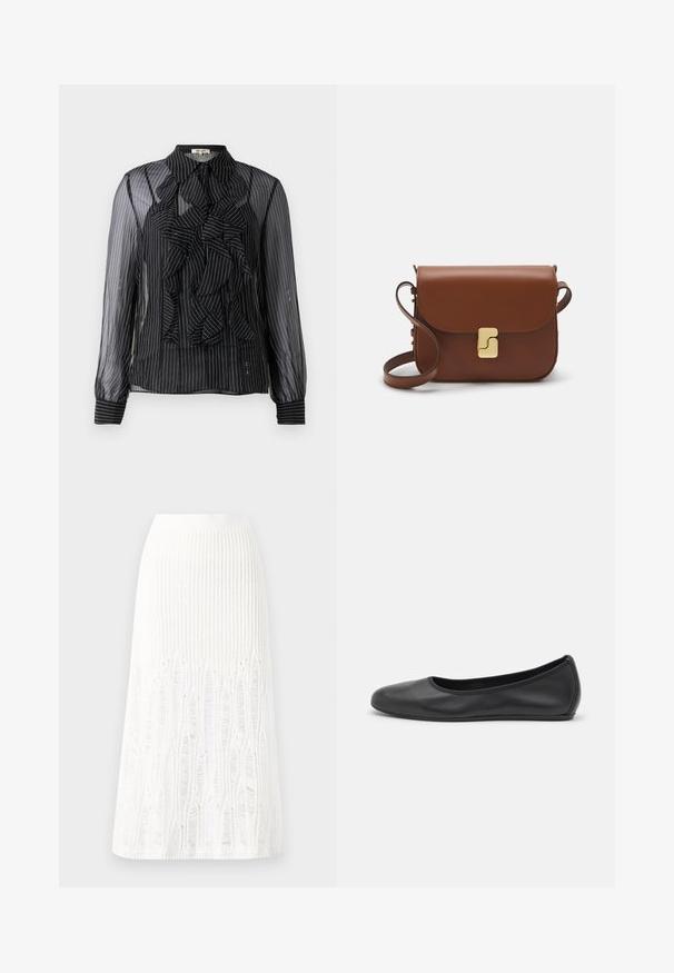 Čierna priesvitná blúzka s vertikálnymi bielymi pruhmi, s volánikovým detailom vpredu, dlhými rukávmi a klasickým golierom. Mäkká textúra s gombíkovým zapínaním.; Pletená biela midi sukňa s textúrovaným vzorom s vertikálnymi pruhmi a výrezmi v blízkosti dolného okraja. Elastický pás. Mäkkučký materiál.; Čierne kožené baleríny s okrúhlou špičkou, hladkým povrchom, minimálnym prešívaním a flexibilným dizajnom podrážky.; Hnedá kožená kabelka s klopou, zlatými kovovými prvkami, ramenným popruhom a hladkým povrchom. Kompaktný obdĺžnikový tvar.