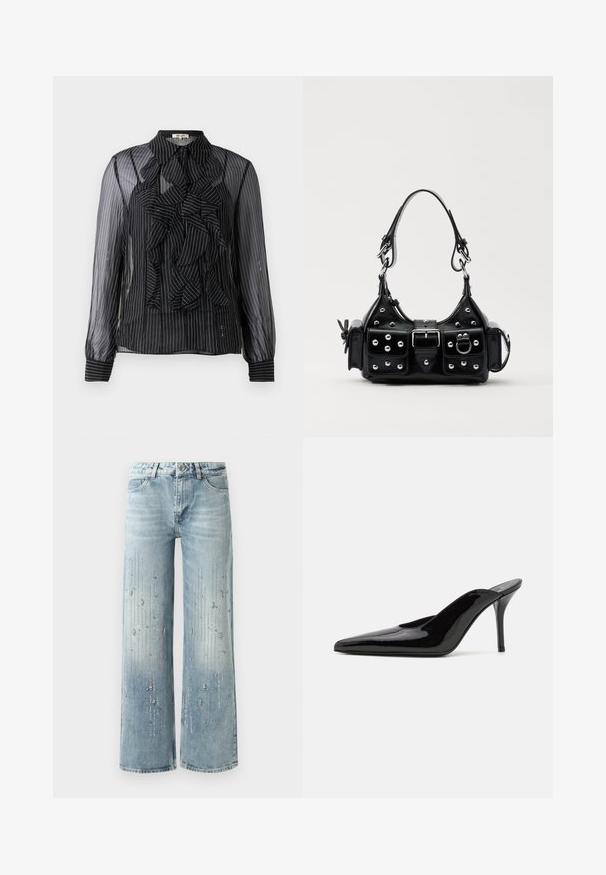 Czarna przezroczysta bluzka z pionowymi białymi paskami, falbaniastym wykończeniem z przodu, długimi rękawami i standardowym kołnierzykiem. Miękka faktura z zapięciem na guziki.; Jasnoniebieskie dżinsy typu wide-leg wykonane z denimu, z gradientowym efektem kolorystycznym i ozdobami z srebrnych cyrkonii w pionowym wzorze.; Czarne lakierowane mule na wysokim obcasie z wąskim noskiem i elegancką sylwetką, charakteryzujące się otwartym tyłem i smukłym szpilką.; Czarna skórzana torebka w zakrzywionym kształcie, z srebrnymi ćwiekami, klamrą i dwoma bocznymi kieszeniami. Regulowany pasek umożliwiający różne opcje noszenia.