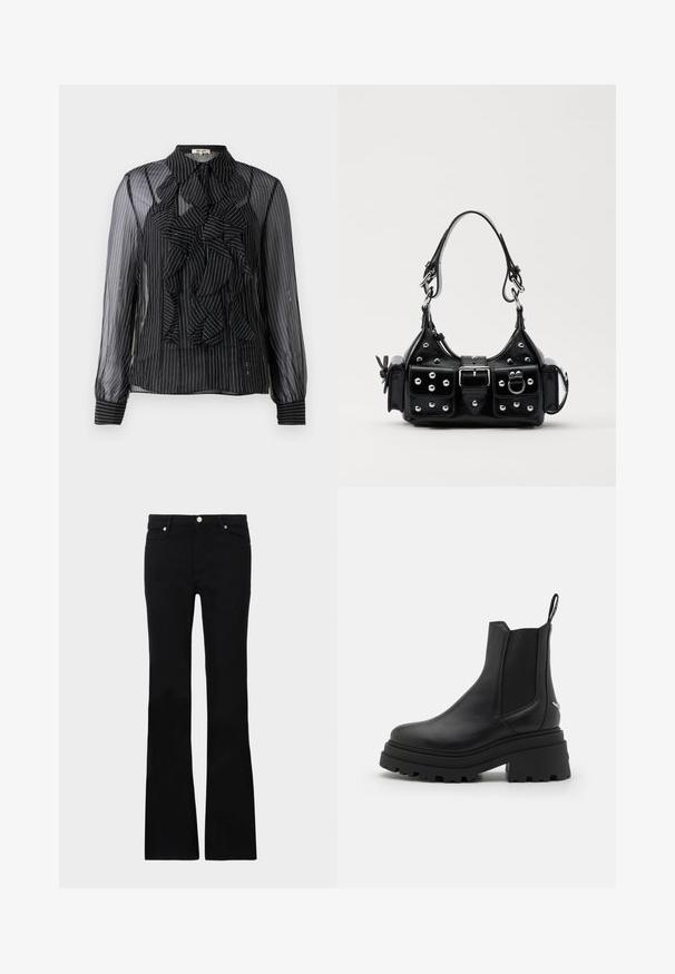 Camicia nera trasparente con righe verticali bianche, dettaglio frontale arricciato, maniche lunghe e colletto standard. Morbido al tatto con chiusure a bottone.; Jeans neri svasati in denim, dotati di due tasche anteriori, chiusura con bottone e una texture liscia. Cuciture iconiche visibili nei punti di giuntura.; Stivali Chelsea neri in pelle liscia con pannelli laterali elastici, suola in gomma spessa e rigata, e un manico sul retro.; Borsa a mano in pelle nera con design curvo, caratterizzata da borchie argentate, una fibbia e due tasche laterali. Tracolla regolabile per diverse opzioni di trasporto.
