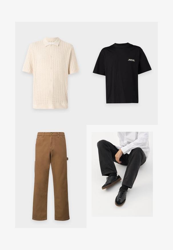 Lühikeste varrukatega nööbiga särk heleses kreemivärvis, millel on tekstureeritud kudumis Muster, krae ja ees viis nööpi.; Must musta T-särk lühikeste varrukatega, ümar kaelus ja valge ja kuldse tekstiga vasakul rinnal trükk, millel on mugav lõige.; Pruunid puuvillased cargo-püksid sirgete jalgega, küljetaskute ja metallnööbiga vööl. Sile tekstuur ja lõdvestunud disain.; Mustad spordijalatsid siledast ja tekstuurilisest ülemisest osast, millel on kummist tald ja tumedad nöörid. Kombineeritud mustade teksade ja valge triibulise särgiga.