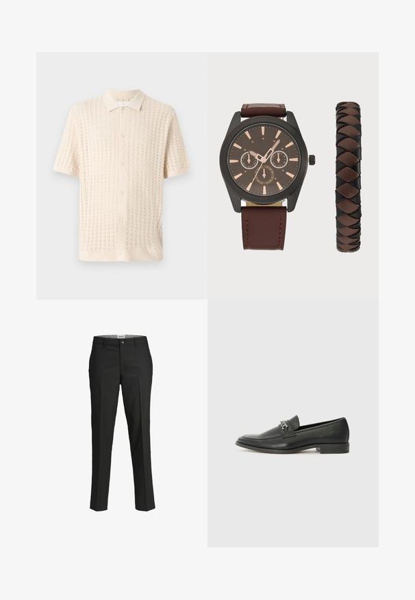 Košulja kratkih rukava, svijetle krem boje, s teksturiranim pletenim uzorkom, ovratnikom i pet dugmadi sprijeda.; Crne hlače, krojene u prilagodljivom fitu, glatka tkanina, srednji struk, prednje kopčanje na dugme, dijagonalni džepovi i pregibi duž nogu.; Crna kožna loafer cipela s glatkom finišem, s ušivenim uzorkom i dekorativnim metalnim lancem preko prednjeg dijela. Ravni potplat.; Pier One SET - Ručni sat - black/brown