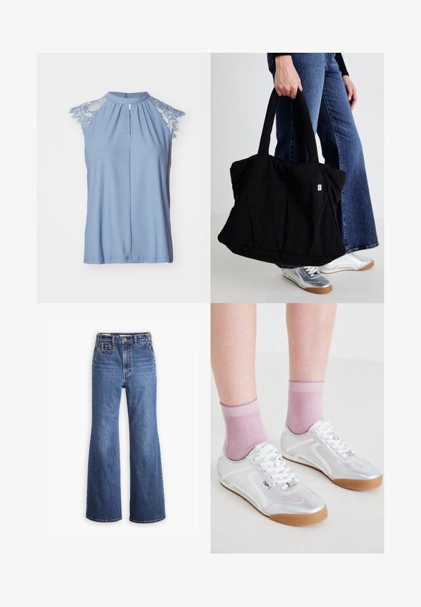 Top senza maniche di colore azzurro chiaro con maniche in pizzo, scollatura alta, piega anteriore e chiusura con bottone sul retro. Tessuto morbido e liscio.; Cardigan nero a coste con maniche lunghe, scollo rotondo e chiusura anteriore con bottoni, caratterizzato da bottoni argentati. Adatto al corpo con una superficie liscia.; Jeans in denim blu a vita alta con design a gamba larga, dotati di tasca frontale, chiusura con bottone in ottone e cuciture a contrasto.; Scarpe da ginnastica argentate con accenti bianchi e suole in gomma, abbinate a calze rosa a coste, che mostrano un design a profilo basso.; Borsa a rete nera con un design morbido, due manici resistenti e una piccola etichetta con logo sulla parte anteriore, tenuta da una persona in denim.