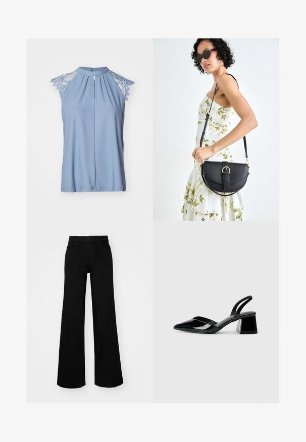 Lyseblå ermeløs topp med blonde cap-ermer, høy hals, frontfold og knappelukk bak. Myk, jevn stoff.; Svart vide bukser laget av denim, med en strukturert midjebånd, beltestropper og frontlommer. Glatt tekstur med et klassisk design.; Svarte patentlær slingback hæler med spiss tå og geometrisk blokk hæl. Har et stilrent, minimalistisk design og jevn tekstur.; Svart lærveske med en buet form, avtagbar stropp og gullbeslag. Vesken har et klaff med spenne-detall.
