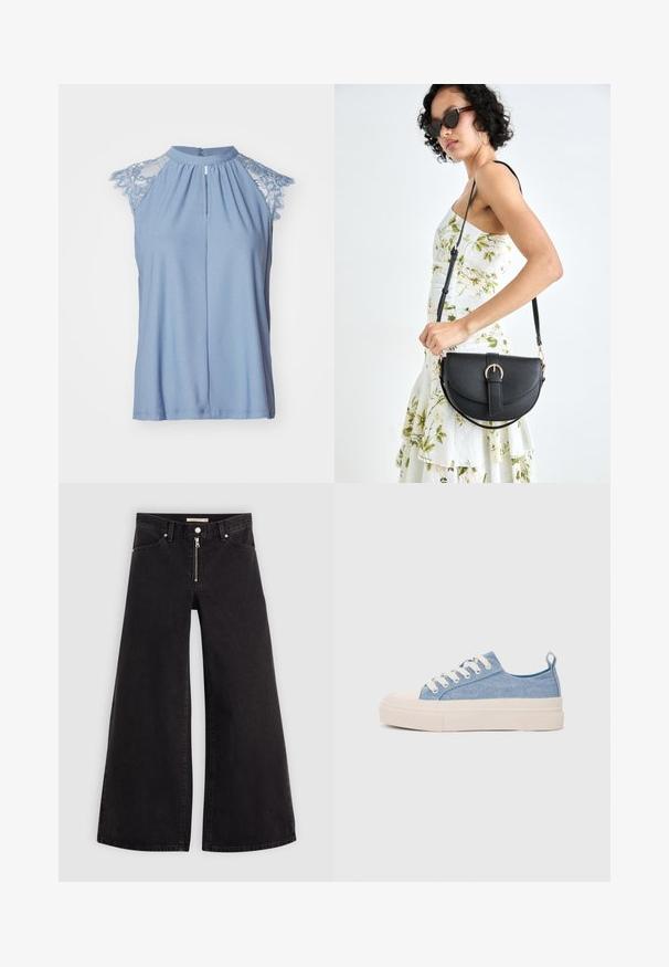 Gaiši zila bez piedurknēm augšdaļa ar mežģīņu kapuka piedurknēm, augstu apkakli, priekšējo krokas un pogu aizdari aizmugurē. Mīksta, gluda auduma.; Platas kājas džinsi melnā džinsa audumā ar rāvējslēdzēju priekšā, piecu kabatu dizains un smalkas šuvju detaļas. Gluda tekstūra un ikdienišķs stils.; Gaiši zili kanvas sneakeri ar krēmkrāsas gumijas pirksta aizsargu un ārējo zoli, aprīkoti ar baltām šņorēm un cilpu uz papēža.; Melnas ādas rokassoma ar izliekta formu, noņemamu siksnu un zelta aksesuāriem. Somai ir vāciņš ar sprādzes detaļu.