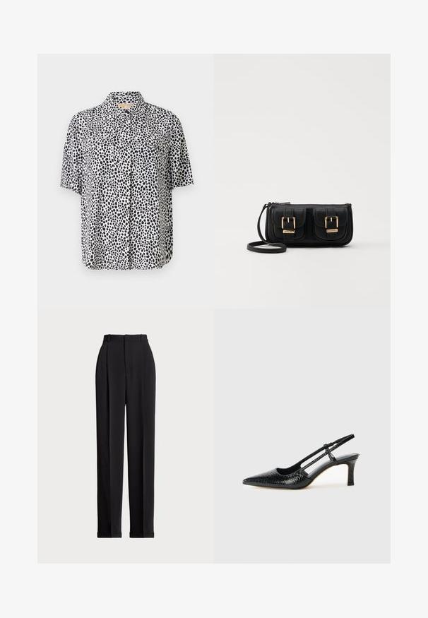 Short-sleeve shirt in lightweight fabric, featuring a pattern of black dots on a white background, with two front pockets and a collared neckline.; Black tailored trousers with a high waist, featuring pleats at the front, a straight leg design, and a cuffed hem. Made from smooth fabric.; Black patent slingback heel with a pointed toe, featuring textured snake print, adjustable strap, and a short, textured block heel.; Black leather crossbody bag with two front pockets, gold buckles, zipper closure, and a slim strap. Textured surface and compact rectangular shape.