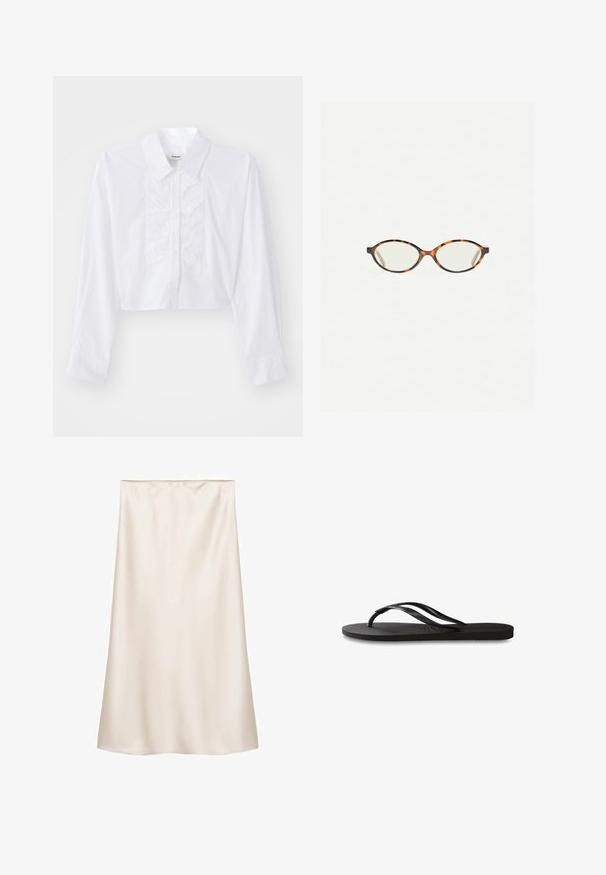 Camicetta bianca cropped in cotone liscio, con dettagli arricciati frontali, colletto a punta e maniche lunghe con polsini abbottonati.; Gonna midi in satin bianco sporco, taglio dritto con vita elastica, texture liscia e senza motivi o dettagli visibili.; Infradito neri con suola in gomma testurizzata, due cinghie sottili e un sottile dettaglio del logo impresso sulla cinghia.; Occhiali in tartaruga con lenti ovali e una finitura liscia e elegante. Presentano aste sottili con una leggera curva alle tempie. Lenti trasparenti.
