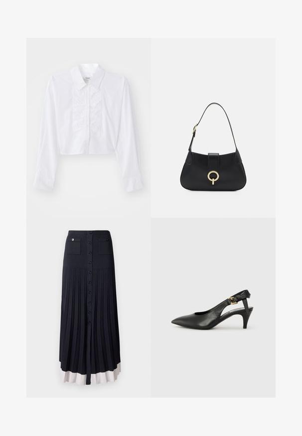 Cămașă scurtă albă, făcută din bumbac fin, cu un detaliu plisat în față, guler ascuțit și mâneci lungi cu duze butonate.; Fustă maxi plisată în navy închis cu închidere cu nasturi. Are două buzunare frontale și o margine de culoare deschisă. Realizată dintr-un material moale și texturat.; Pantofii slingback din piele neagră, cu vârf ascuțit, toc mic și detaliu cu cataramă pe brățara gleznei. Textură netedă, design minimalist.; Geantă din piele neagră cu o silueta curbată, curea scurtă, accesorii centrala de nuanță aurie și textură netedă. Fără modele sau accente vizibile.