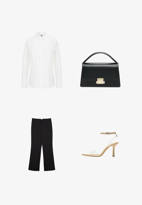 Bela dolga majica z dolgimi rokavi iz bombaža, ki ima klasičen ovratnik, sprednje gumbe in ravno spodnjo rob, ki je rahlo zaobljen.; Črne hlače ravnega kroja z naglavnimi žepi in stranskimi razporki na robu. Narejene iz mehke, gladke tkanine. Primerne za različne priložnosti.; Sandal z jasnim petnikom s prozornim zgornjim delom, bež podplatom in sivim trakcem okoli gležnja. Ima koničast nos in tanek visoki petek.; Črna usnjena torbica z strukturiranim dizajnom, zgornjim ročajem in zlate kovinske sponke na sprednji strani. Gladka tekstura, minimalno šivanje.