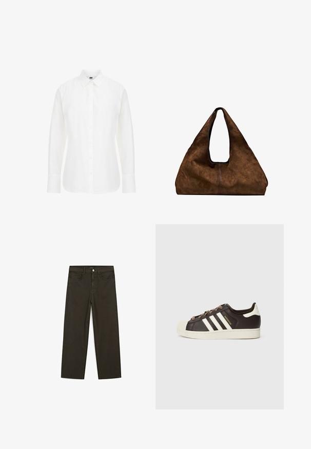 Camicia bianca a maniche lunghe in cotone, con colletto classico, bottoni frontali e orlo dritto con bordi leggermente arrotondati.; Jeans a gamba larga di colore verde scuro, realizzati in tessuto misto cotone, dotati di chiusura con bottone frontale, cinque tasche e cuciture classiche in denim.; Sneaker Adidas Superstar low-top in pelle marrone scuro con punta a conchiglia crema, strisce bianche e scritta "Superstar" sul lato.; Borsa a spalla in suede marrone con apertura superiore. Presenta un corpo profondo e largo, manico sagomato e cuciture minimali per un design pulito.