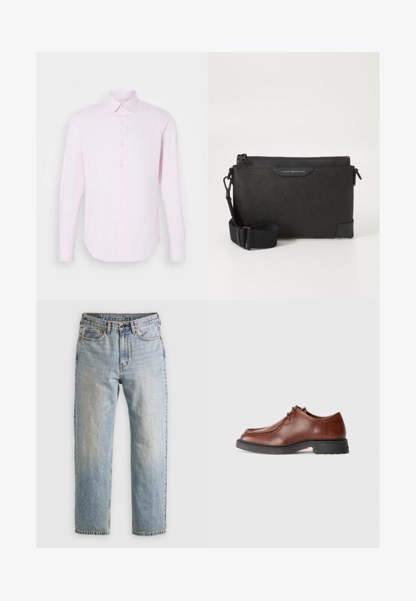 Helles rosa Langarmhemd mit Knopfverschluss, Kentkragen und glatter Textur. Verfügt über dezente vertikale Streifen und eine taillierte Passform.; Helle blaue Jeans mit hoher Taille, Frontknopf, Reißverschluss und fünf Taschen-Design, flach auf einem neutralen Hintergrund ausgelegt.; Braune Lederdressschuhe mit abgerundetem Zehenbereich, kontrastierendem Stich, Schnürdesign und einer strukturierten schwarzen Gummisohle.; Schwarze Leder-Umhängetasche mit strukturiertem Finish, ausgestattet mit einem Reißverschluss und einem verstellbaren Träger. Logo-Patch auf der Vorderseite. Rechteckige Form.