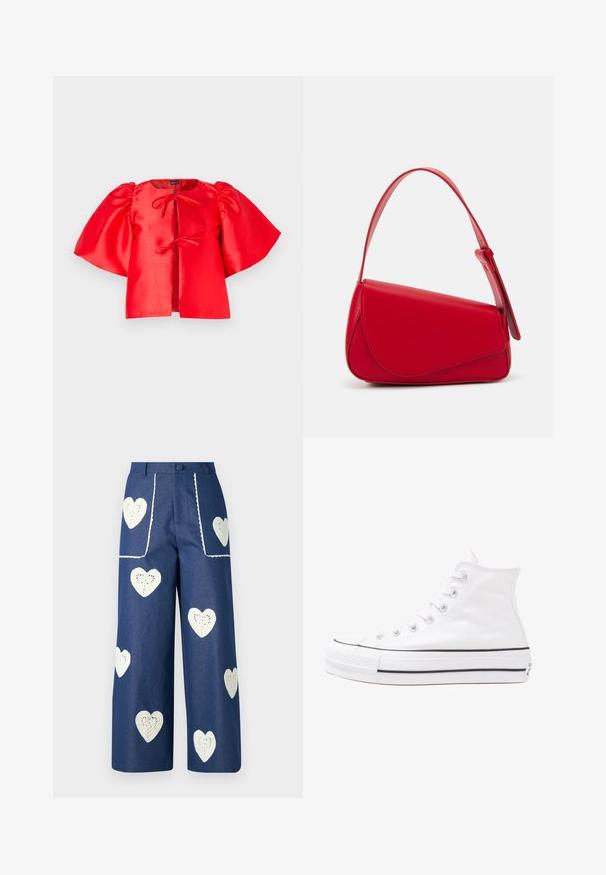 Blusa rossa di satin con maniche corte e voluminosi e chiusura anteriore con nodo. Tessuto liscio e design cropped, con scollatura aperta.; Sister Jane HEART TO HEART - Jeans a sigaretta - blue denim; Sneaker alta in tela bianca con suola in gomma nera, punta in gomma frontale e sei asole per i lacci, caratterizzata da un design pulito e minimalista.; Borsa a tracolla in pelle rossa con un design angolare e geometrico. Presenta una singola tracolla regolabile e una chiusura a patta con dettagli cuciti.