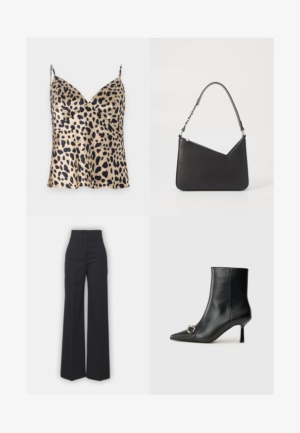 Débardeur en imprimé léopard beige et noir, en satin, avec un design en v-neck, des fines bretelles, une ligne d'ourlet fluide et un détail de marque discret.; Pantalons à jambes larges en tissu noir avec une taille haute, présentant une finition soignée et une texture lisse. Pas de matériel ou de motifs visibles.; Bottine en cuir noir avec un bout pointu, un talon moyen fin et un détail de boucle en argent sur le côté, se détachant sur un fond uni.; Sac à main en cuir noir, de forme triangulaire, avec une sangle fine et des accessoires en métal argenté. Il dispose d'une fermeture zippée et d'un logo embossé à l'avant.