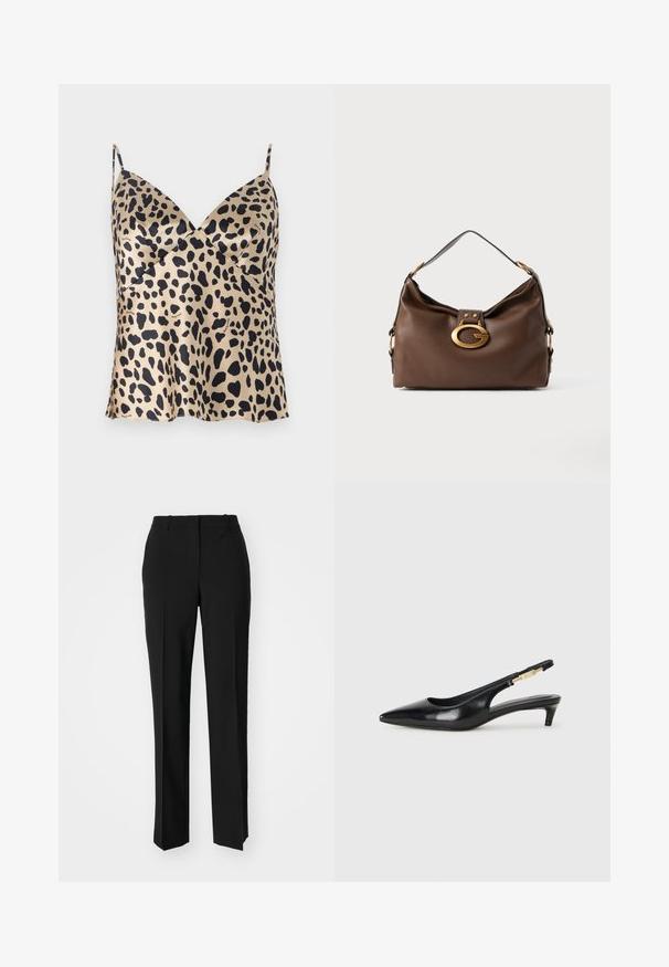 Camisola cu imprimeu de leopard în bej și negru, din material satinat, cu decolteu în V, bretele subțiri, cu un tiv fluid și detaliu subtil de branding.; Pantaloni negri tailor-ed cu un design drept, având o textură fină și cute clare pe față. Fără elemente de prindere vizibile.; Sandale slingback din piele neagră cu vârf ascuțit, având un toc subțire și un accent de culoare aurie pe curea ajustabilă. Textură netedă.; Geantă de umăr din piele maro cu un finisaj texturat, având un închizător din metal de culoare aurie și un singur mânere curbat.
