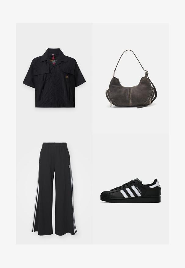 Black short-sleeve shirt with a button-down front, two chest pockets, and a small logo patch. Made from a lightweight, textured fabric.; Black ribbed cropped top with a round neckline and sleeveless design. Made from a stretchy, textured fabric. Label reads "Urban Classics."; Black wide-leg sweatpants with an elastic waistband, featuring white side stripes and an embroidered logo on the left thigh.; Black Adidas Superstar sneaker with white stripes, shell toe, and "Superstar" text on side, shown in side profile on white background.; Hobo bag in dark gray suede with curved shape, top handle, and side zippers with metal pulls. Smooth texture and visible stitching details.