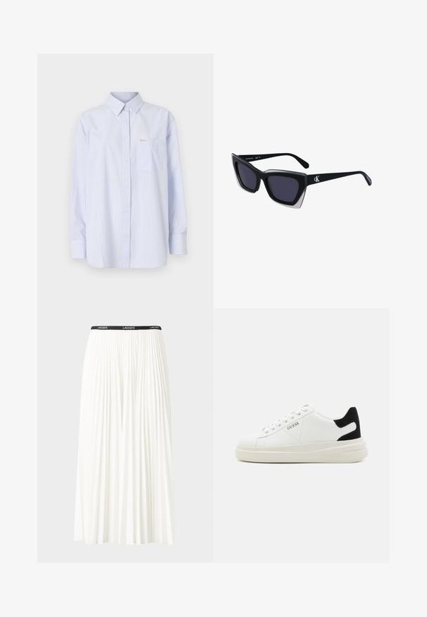 Camisa de botones a rayas en azul claro y blanco, con cuello clásico, mangas largas, un bolsillo frontales y una pequeña etiqueta de logo.; Falda blanca plisada con una cinturilla elástica negra que presenta el logotipo "LACOSTE". Diseño de longitud media con textura suave.; Zapatillas blancas de cuero con una suela blanca gruesa, acento en el talón de ante negro y logo grabado en el lateral. Diseño de cordones con seis ojales.; Gafas de sol negras de gran tamaño con una forma geométrica, que presentan lentes oscuros y un detalle gris contrastante en la montura. Logo en la pata.