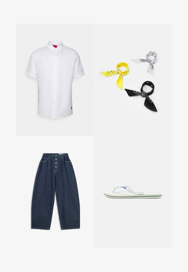Kortärmad vit skjorta i bomull, med knäppning framtill, spetsig krage, och en liten röd etikett på sidan.; Långärmad vit t-shirt i mjuk bomull. Rundad halsringning med raka fållar och utan synliga mönster eller grafik.; Mörkblå denim byxor med vida ben och hög midja, femknappsstängning och fem fickor. Har sömnadsdetaljer på sömmarna.; Vita flip-flop med en texturerad fotbädd, smala remmar och en flerfärgad accentlinje på sulan. Har logotyp på remmen.; Tre bandanas: en gul med svarta mönster, en vit med svarta design och en svart med vita grafik. Alla är fyrkantiga och tillverkade av lätt tyg.