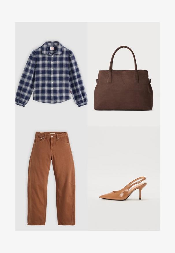 Marinblå och vit rutig långärmad skjorta med knapplåsning, klassisk krage och sammanknippade manschetter. Tillverkad av lättviktig tyg.; Rostbruna raka jeans med fram- och bakfickor, metallnitar, knappstängning och bältesöggor, liggande platt på en vit bakgrund.; Tåspets slingback-häl i ett slätt, glansigt brunt material. Har en kurvad utskärning och en smal stilettklack. Silverdetalj med spänne.; Brun faux mockasins toteväska med två robusta handtag, en strukturerad form och minimalistisk design, med subtila sömdekorationer.