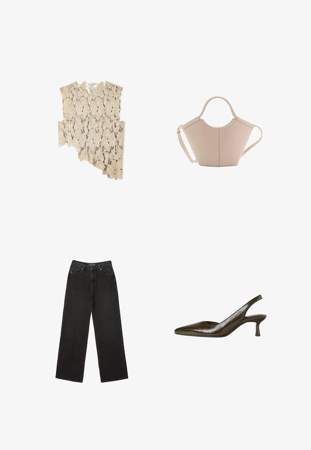 Beige kanttop met ingewikkelde bladdesigns, asymmetrische vorm en franjes aan de zoom. Lichtgewicht en gestructureerde stof.; Zwarte wijde jeans van denim, met kleine stippenpatronen, een klassieke vijf-pocket ontwerp en een knoop- en ritssluiting.; Olijfgroene slingback pump met een spitse neus en een lage, slanke hak. Glanzende textuur met een licht gekreukt uiterlijk.; Beige leren handtas met een unieke vorm, voorzien van twee korte handvatten en een lange verstelbare schouderriem. Glad oppervlak met minimale hardware.