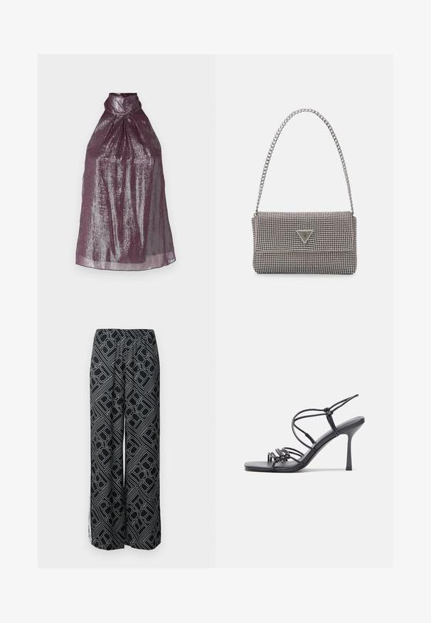 Sleeveless halter top in deep plum with metallic sheen. Features a pleated design and high collar, creating a structured silhouette.; Wide-leg trousers made of black fabric featuring a white geometric pattern. Elastic waistband, flowing design, and side slits.; Black high-heeled sandals feature thin straps with a knotted design, a smooth square toe, and a sleek stiletto heel.; Light gray metallic handbag featuring a chain strap, embellished with small circular metallic studs and a triangular brand logo.; Silver hoop earrings with a smooth, shiny finish. Rounded shape, lightweight design, featuring a post-back closure.